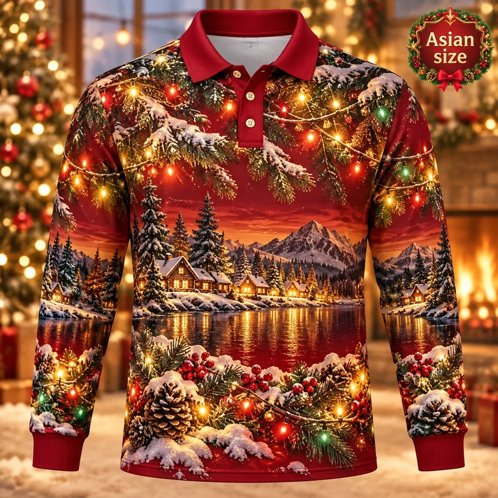 Holiday String Lights Long Sleeve Polo Shirt for Men 3D Print Polyester Holiday Graphic Festive Casual Winter Party Gift