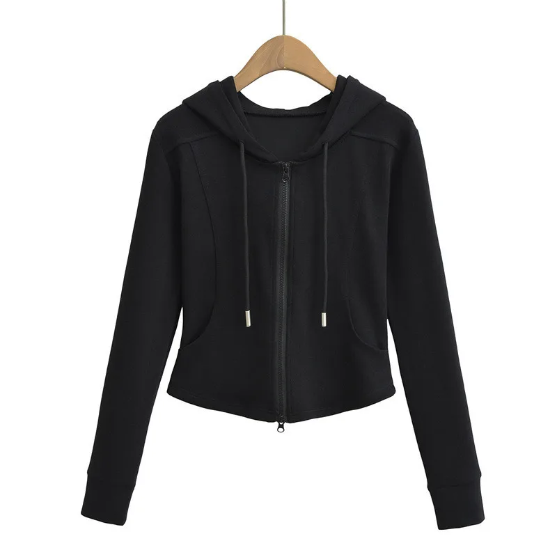 Fashionable Minimalist Style Double Zipper Hooded Drawstring Jacket Autumn New Slim Fit And Slimming Casual Sports Cardigan Top