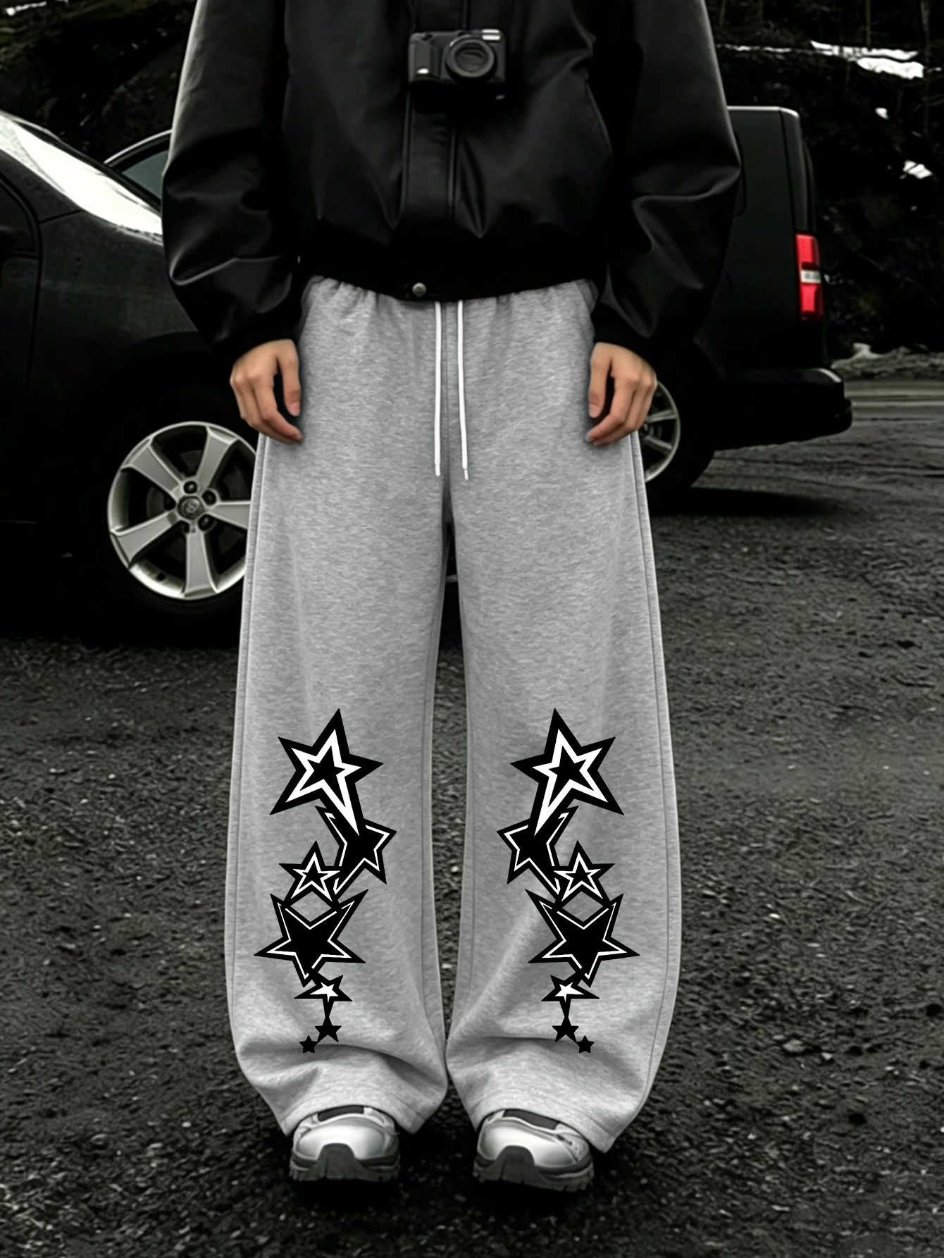 Men Hollow Double Line Stacked Star Wide Leg Joggers, Y2K Punk Dual Side Star Print Drawstring Baggy Casual Sweatpants
