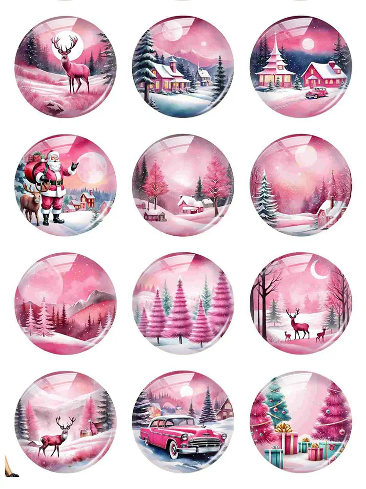 Handmade Pink Christmas X-mas Winter Santa Reindeer Tree Deer Photo Glass Cabochon Flatback Demo Cameo For Diy Jewelry Making