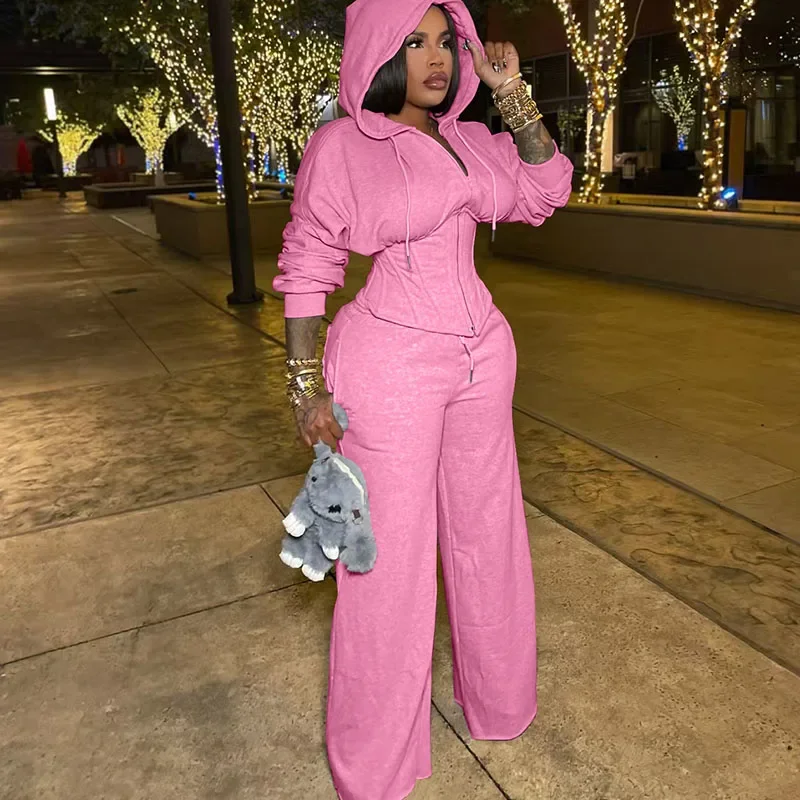 Streetwear casual agasalho mulher conjunto de duas peças desportivo zíper com capuz rendas bandagem espartilho jaqueta e moletom conjuntos combinando