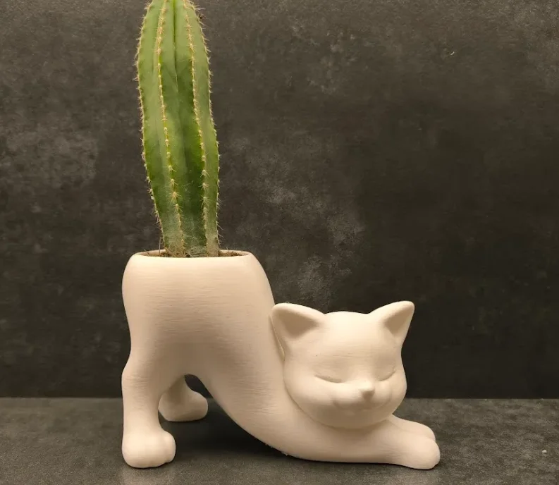 3D Printed Stretching Cat Planter, Cute Animal Succulent Pot, Plastic Small Cactus Flower Pot Desktop Decor