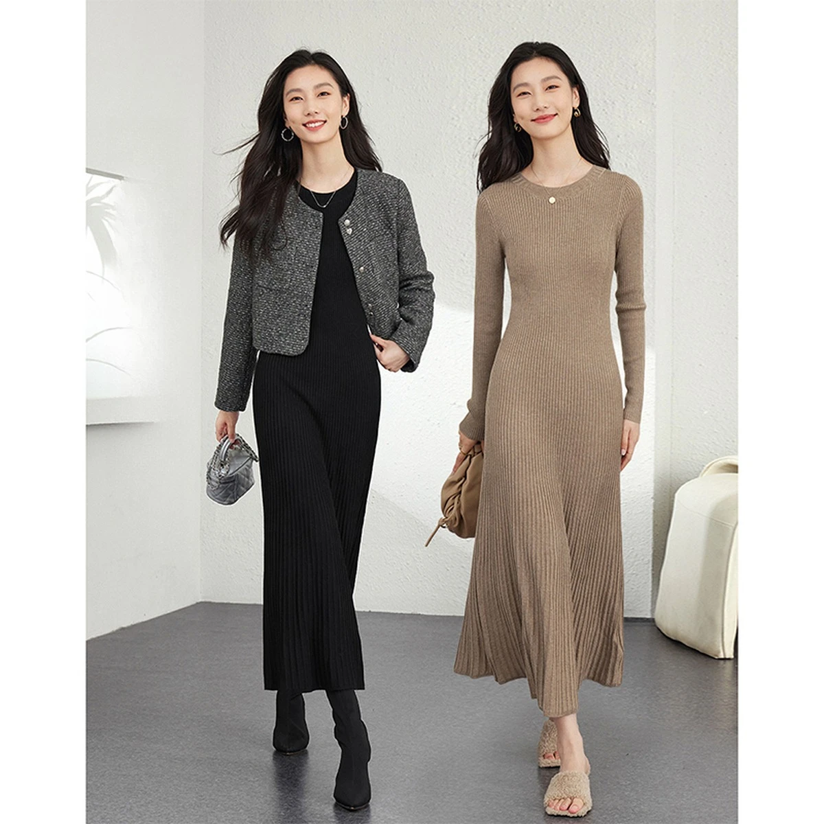 VIMLY robes longues 2025 hiver femme élégante laine mélange tricoté robe de soirée a-ligne col rond mince moulante robe mi-longue 73533