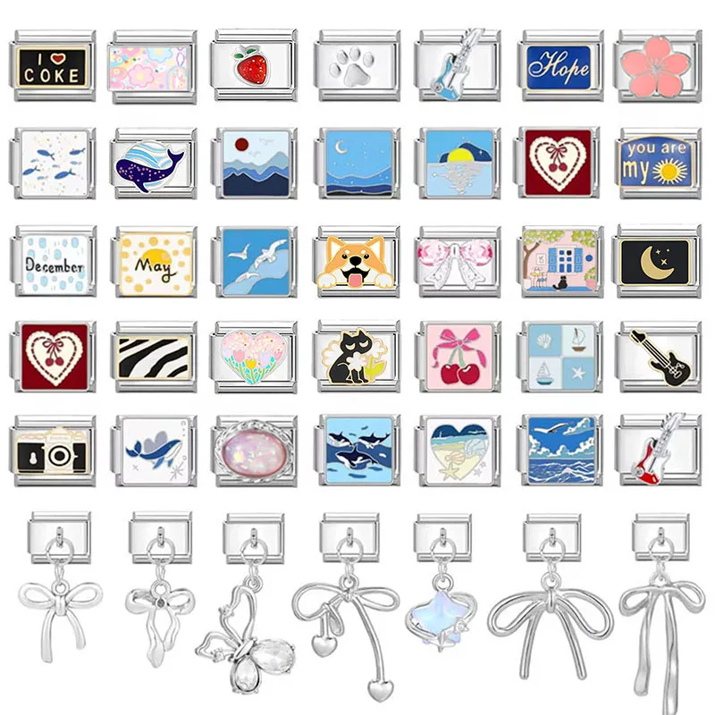 Black Cat Bow Knot Eyes Cherry Heart Moon Earth Coffee Italian Charm Links Fit 9mm Stainless Steel Bracelet DIY Making Gifts