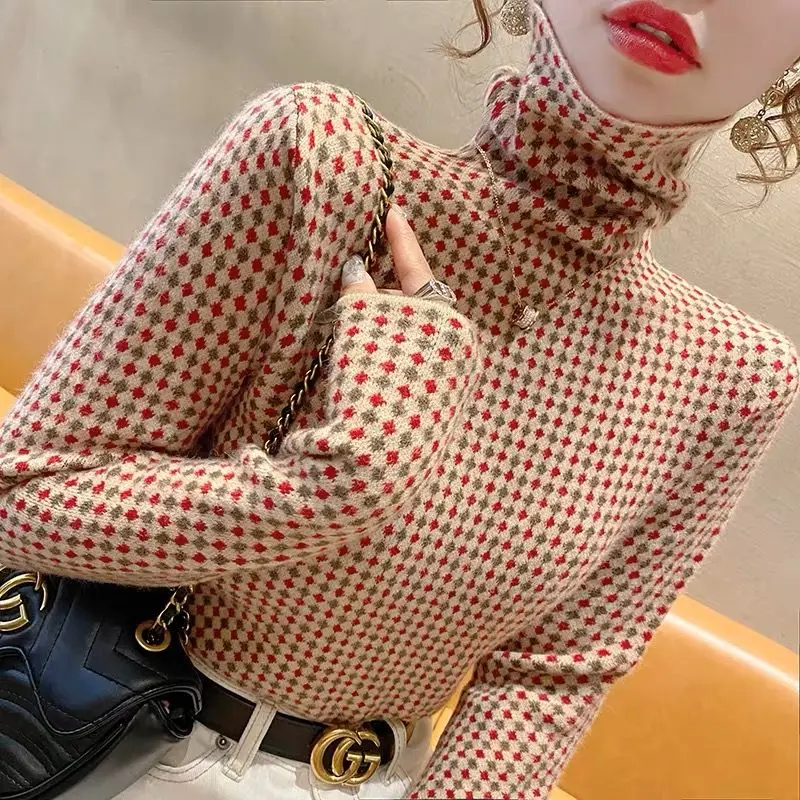 Women\'s Vintage Thick Printing Long Sleeved Turtleneck Pullover Slim T-shirt Bottom Fashion Chic Autumn and Winter 2023