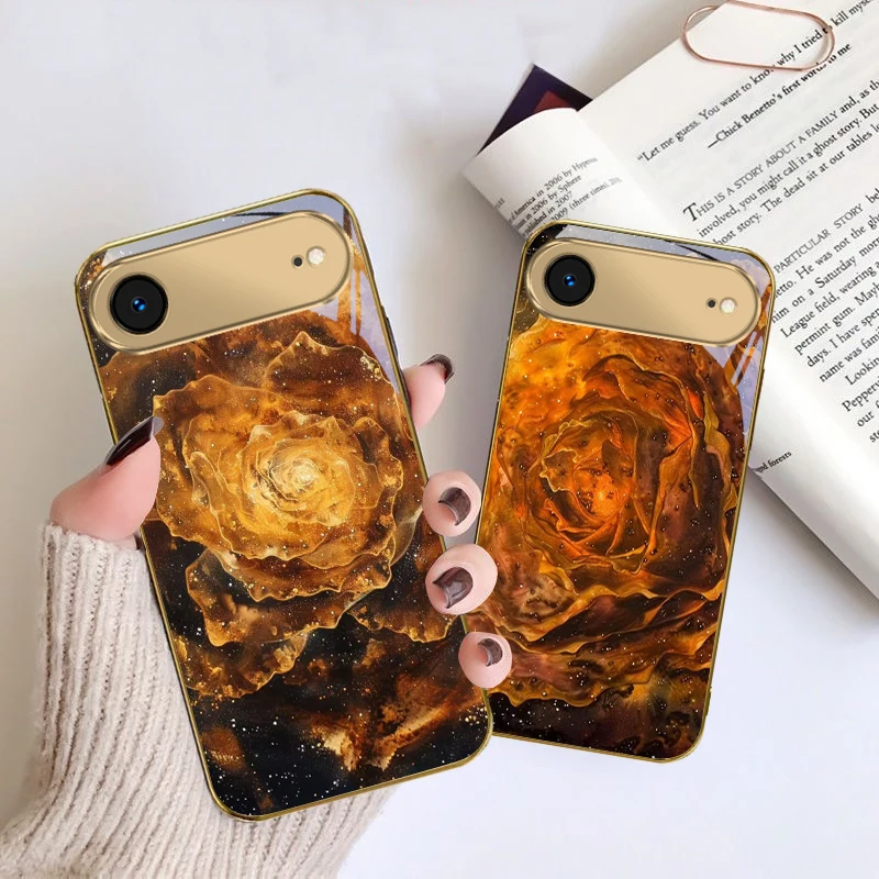 

Golden striped rose For IPhone 17Pro Max 16 17 Pro 15 Pro 14 13 Plus 12 Mini 11Pro Max XR 16E 17 Air Golden glass phone case