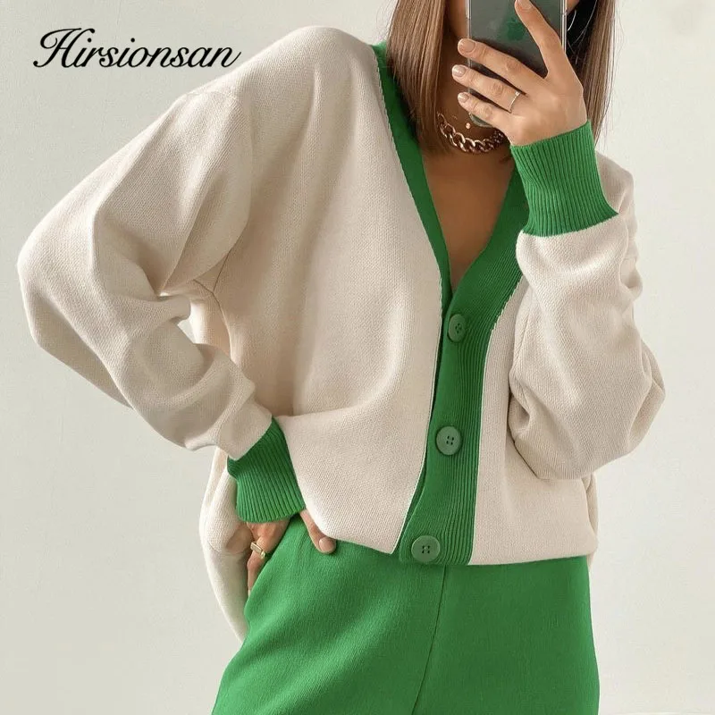 Hirsionsan Spring Autumn Patchwork Knit Cardigans Women 2023 New Single Breasted Vintage Korean Sweaters Female Outwear Clothes