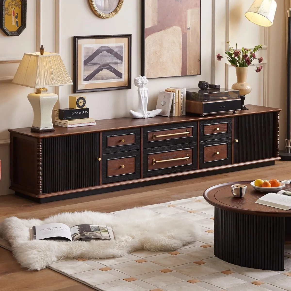 خزانة تلفزيون من الخشب الصلب الفرنسي، خزانة أرضية منزلية لغرفة المعيشة مع تخزين بأدراج، شقة صغيرة للتخزين الصوتي #2