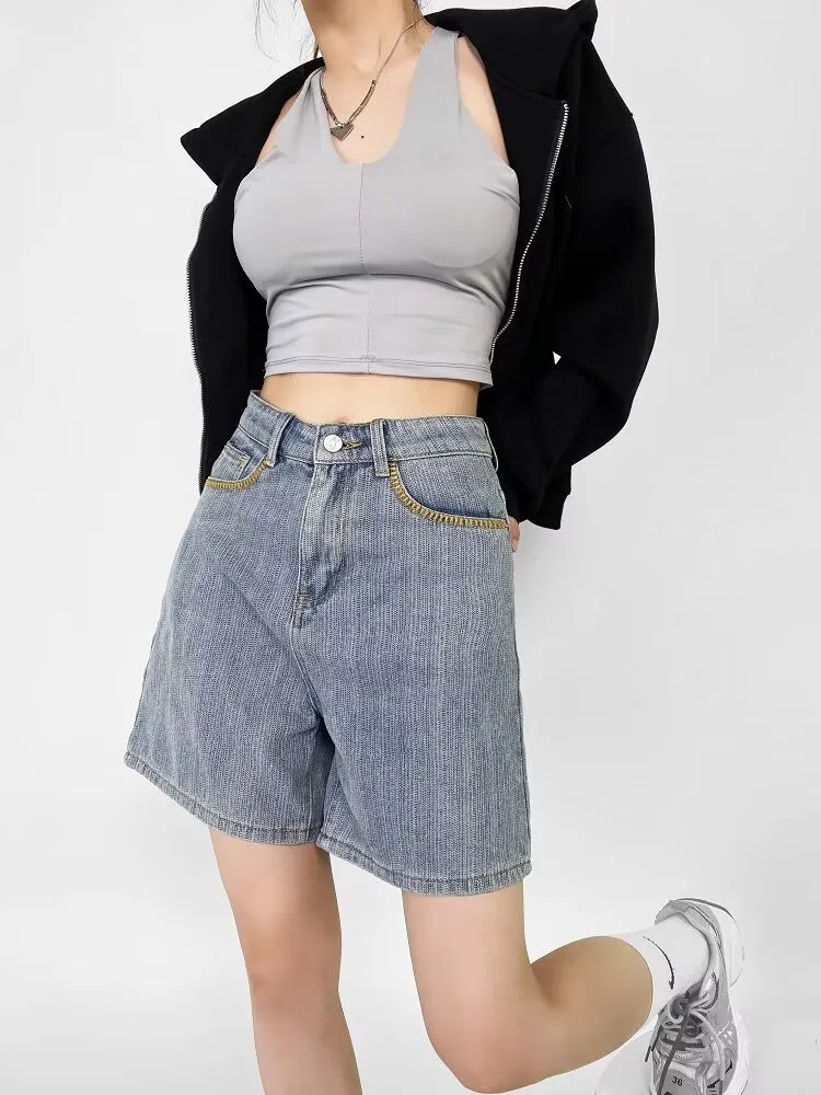 

2024 new Korean fashion design ethnic style high waist denim shorts women's loose A-line casual wide-leg hot pants