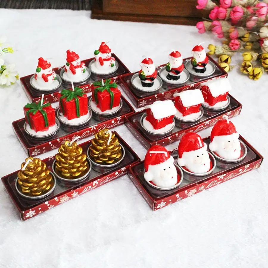 3Pcs Christmas Decorative Candles Set Santa Snowman House Pine Cone Cartoon Candle Ornaments For Home Table Holiday Party Gifts