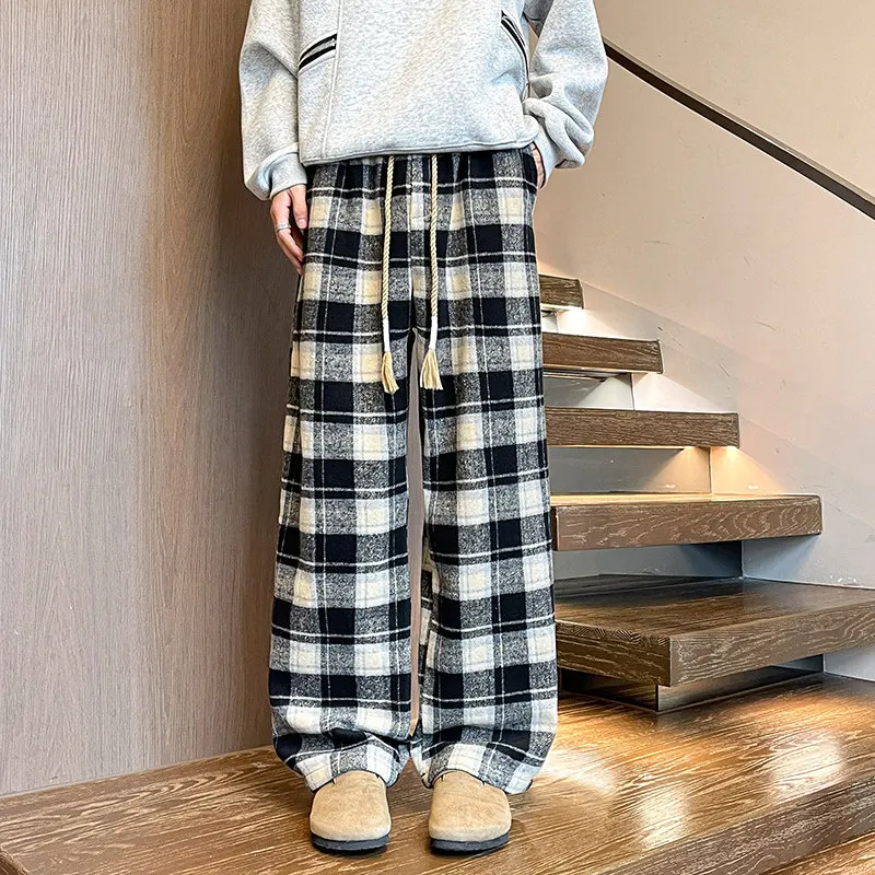 

Теплые шерстяные брюки в клетку для мужчин, новинка 2026 года, большие размеры, прямые, универсальные, повседневные, широкие штаны, мужские, 5XL-M