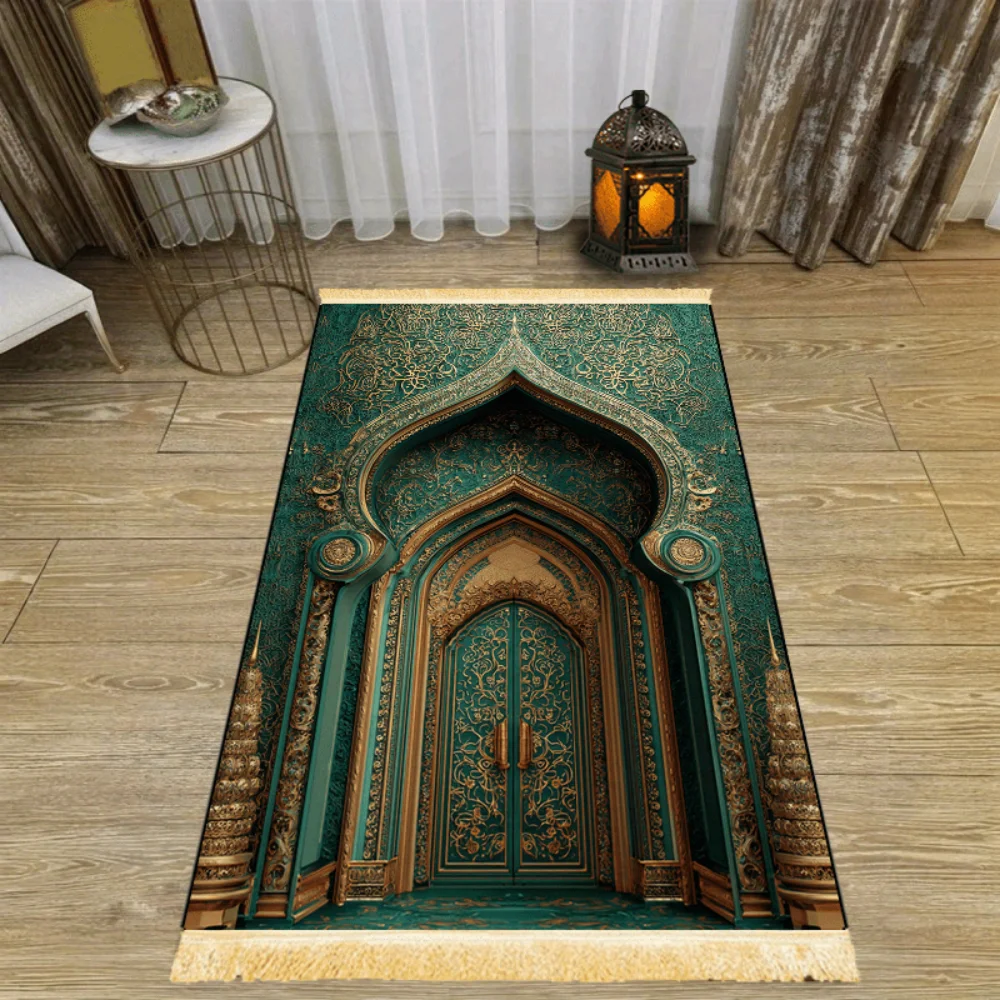 VIKAMA Islamic Prayer Mat, Romantic Gold Light Luxury Printed, Foldable Washable Travel Prayer Rug for Eid And Daily Worship