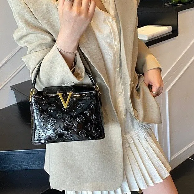 

2026 New Shiny Leather Bag, Monogram Embossed Top Handle Shoulder Bag, Adjustable Strap Luxury Tote for Women Casual Daily Use