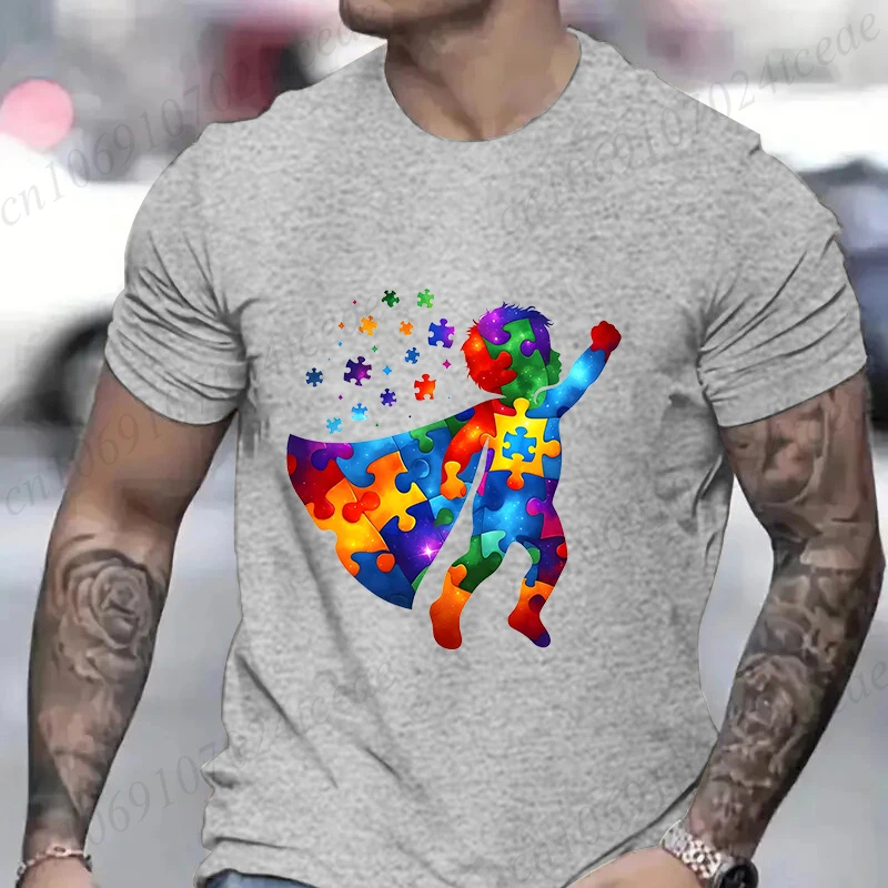 Funny Hero Autism Awareness T-shirt for Men Acceptance Neurodiversity Puzzle Graphic Y2k Tops Hip Hop Oversized Male Clothing