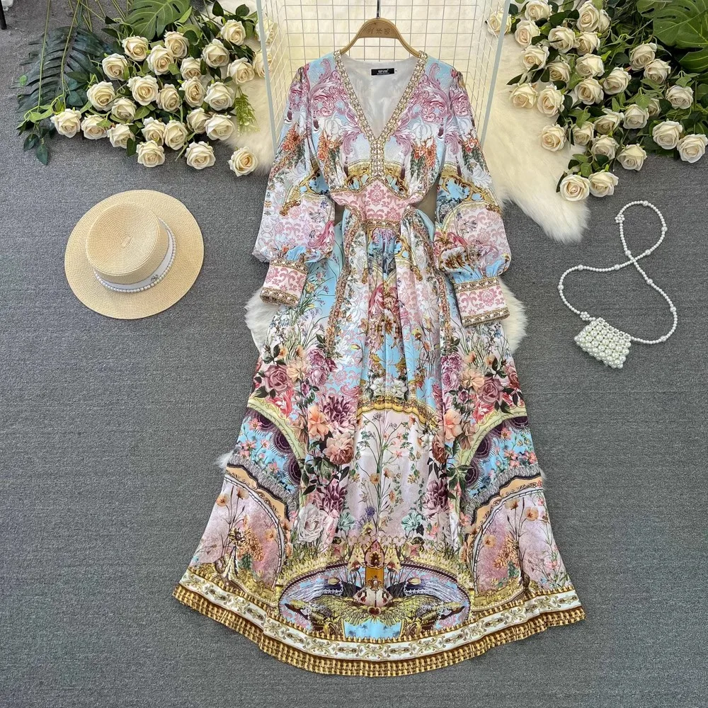 Women's V Neck Lantern Sleeve Floral Print Fashion Holiday Dream Flower Long Dress Vacation Beach Party Robe Vestidos 6550