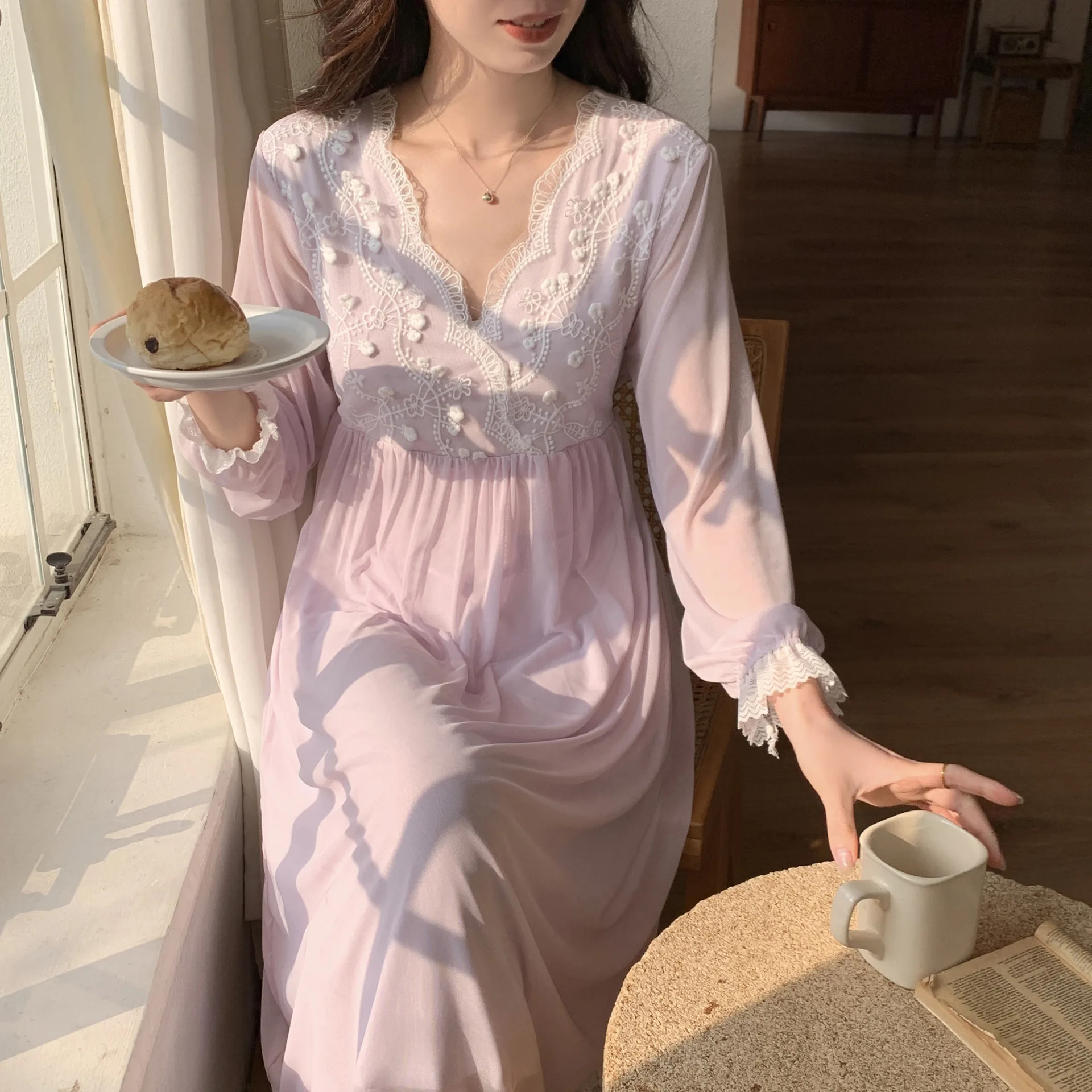 Sexy Gauze Embroider Nightgown Women Modal Nightdress French Court Style Nightgowns Sweet Casual Sleepwear Pijamas Sleepdress