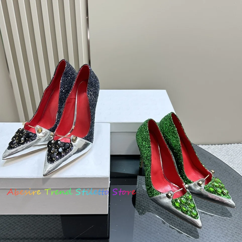 Luxurious Pointed High Heels Pumps Women Slim Heel Rhinestone Shallow Cut Single Shoes Elegent Green Crystal Dress Shoes