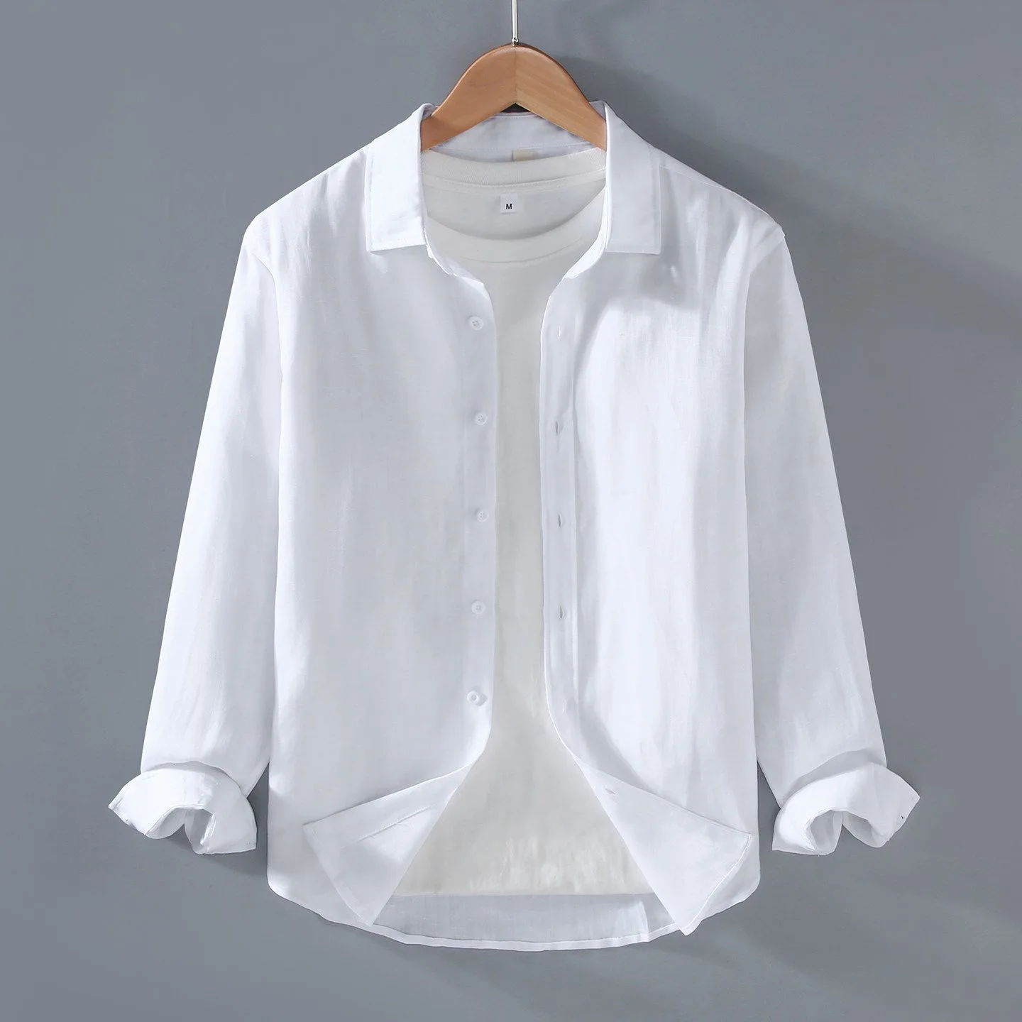 

Spring Autumn Thin White Long Sleeve Men's Casual Pure Color Loose Trendy Cotton Linen Long Sleeve Shirt Coat Breathable Skin...