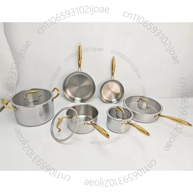 10Pcs Gold Stainless Steel Cookware Set 3 Layer Hammered Stainless Steel Pots and Pans Home Kitchen Cooking Induction Pot