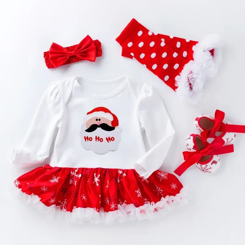 Newborn Christmas Clothes Girl Long Sleeve Xmas Dress Elk Christmas Tree Santa Claus Cartoon Romper Dress Shoes Socks Outfit