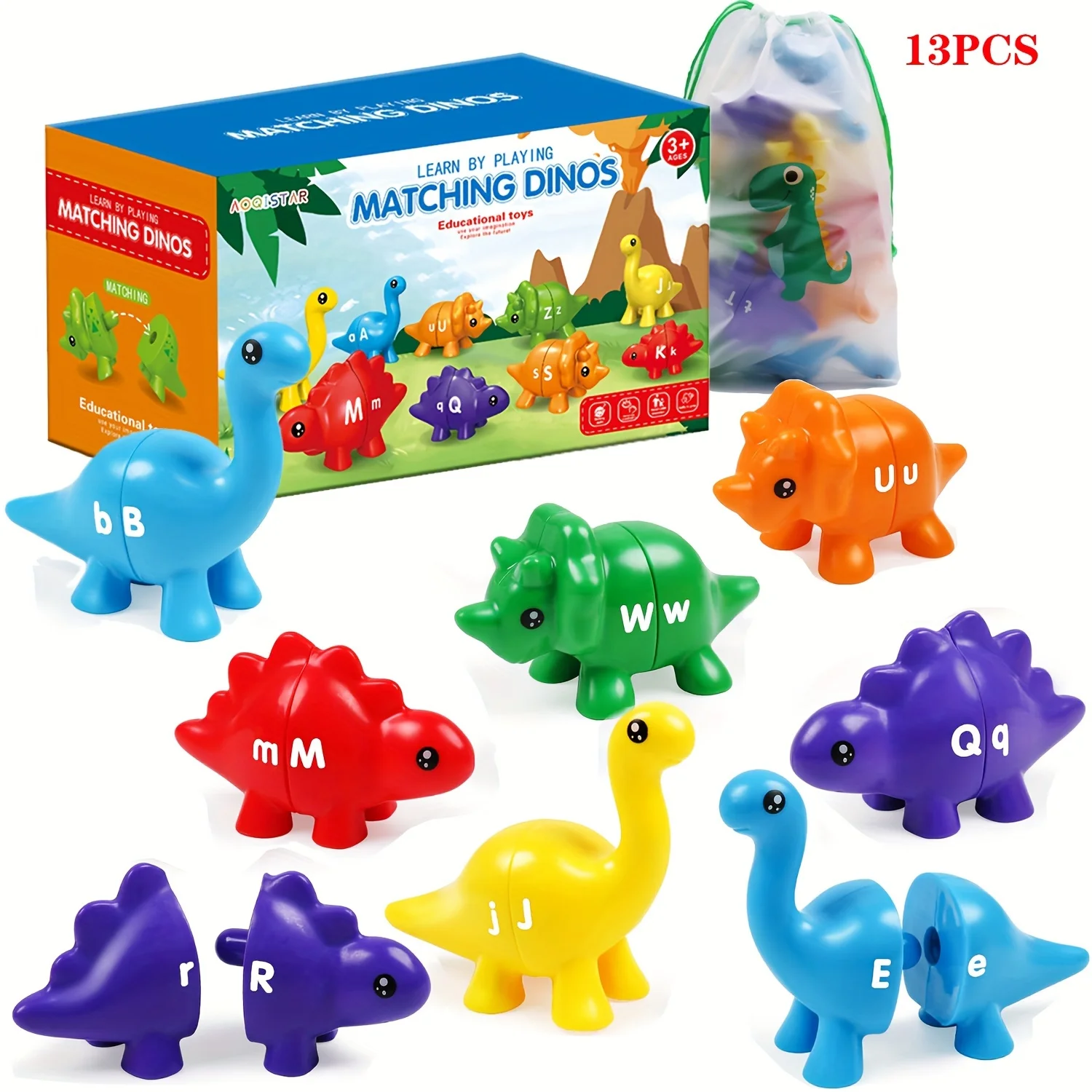 13-Piece Dinosaur Alphabet Snap Toy, Educational Puzzle, Gender Neutral Language Learning for Kids Aged 3+