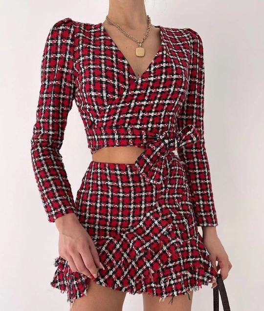 Women's Top Fashion Elegant Commuting Pullover Plaid Print Casual Tie Details Overlapping V-neck Long Sleeved Slim Fit Top