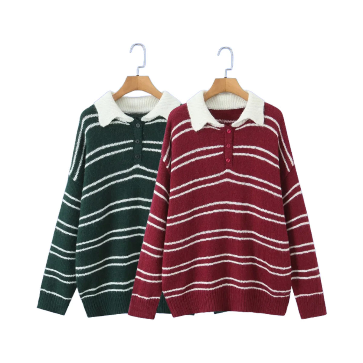 

PB&ZA2025 Autumn New Women's Casual Fashion Temperament Retro Lapel Striped Sweater Sweater Slim All-match Top