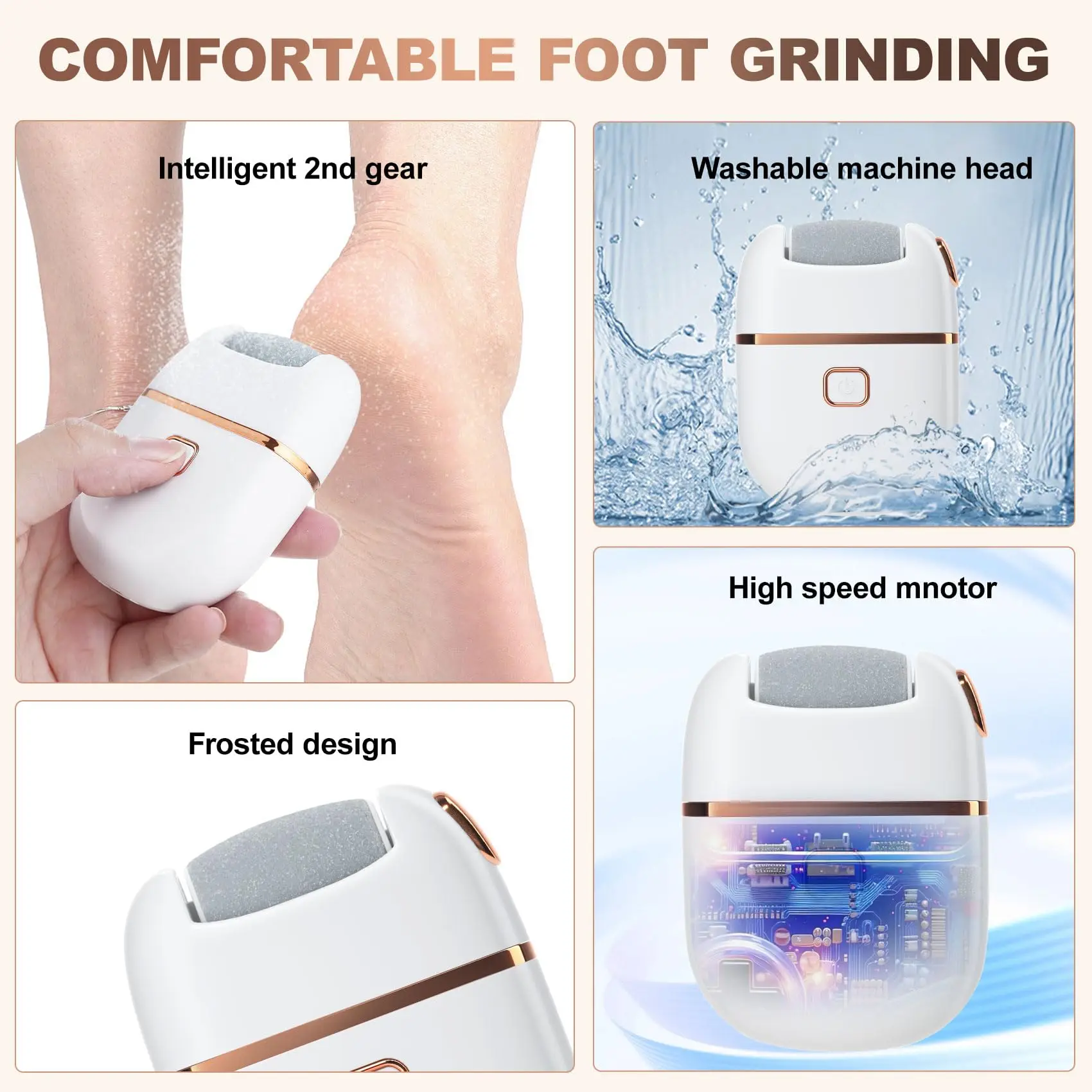 Electric Foot File & Callus Remover – Rechargeable Pedicure Tool with 2 Speeds and 3 Interchangeable Grinding Heads
