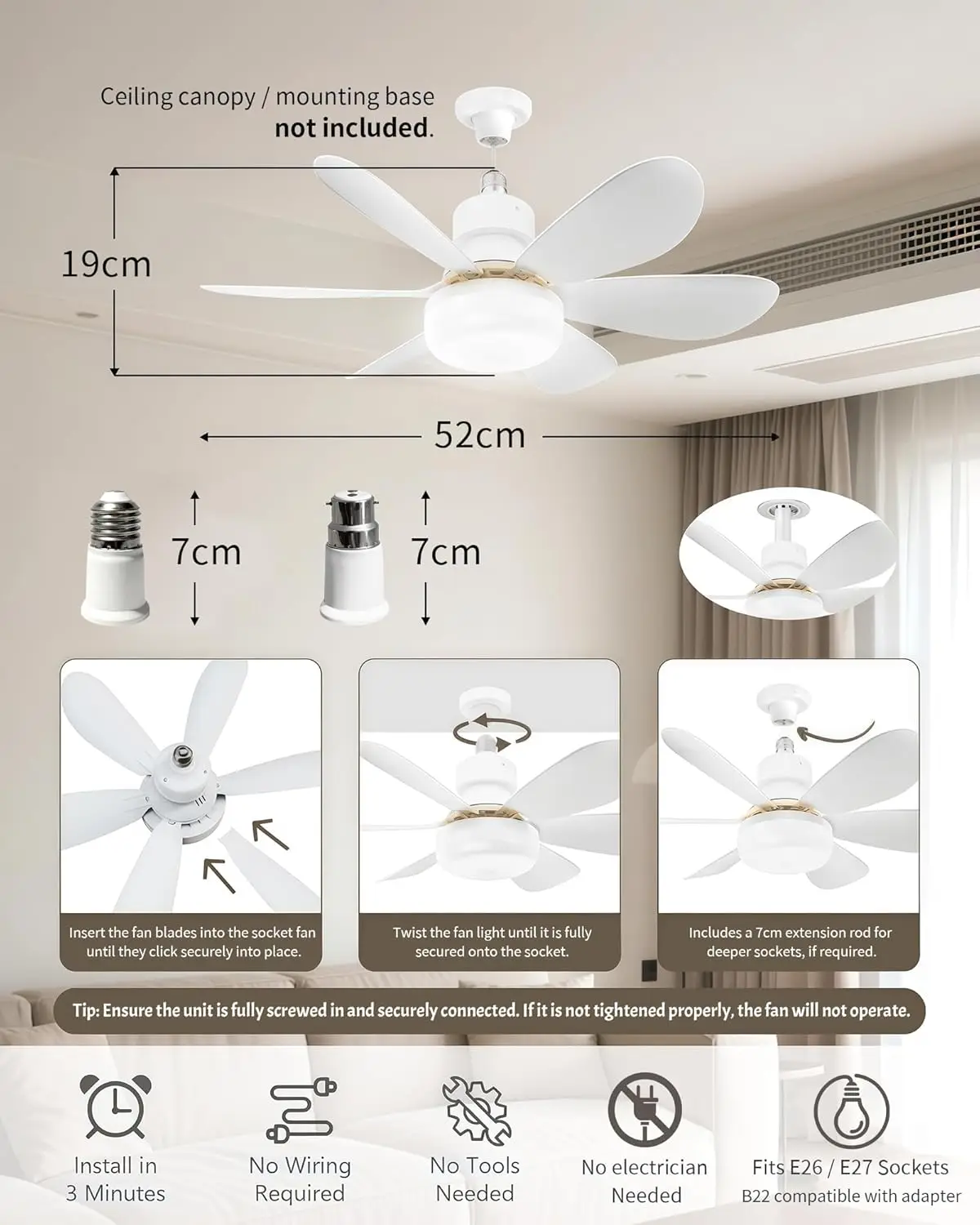 Ceiling Fan Light with Remote LED 3 Colour Temperatures 3-Speed Fan Easy Installation for Bedroom Kitchen Living Room