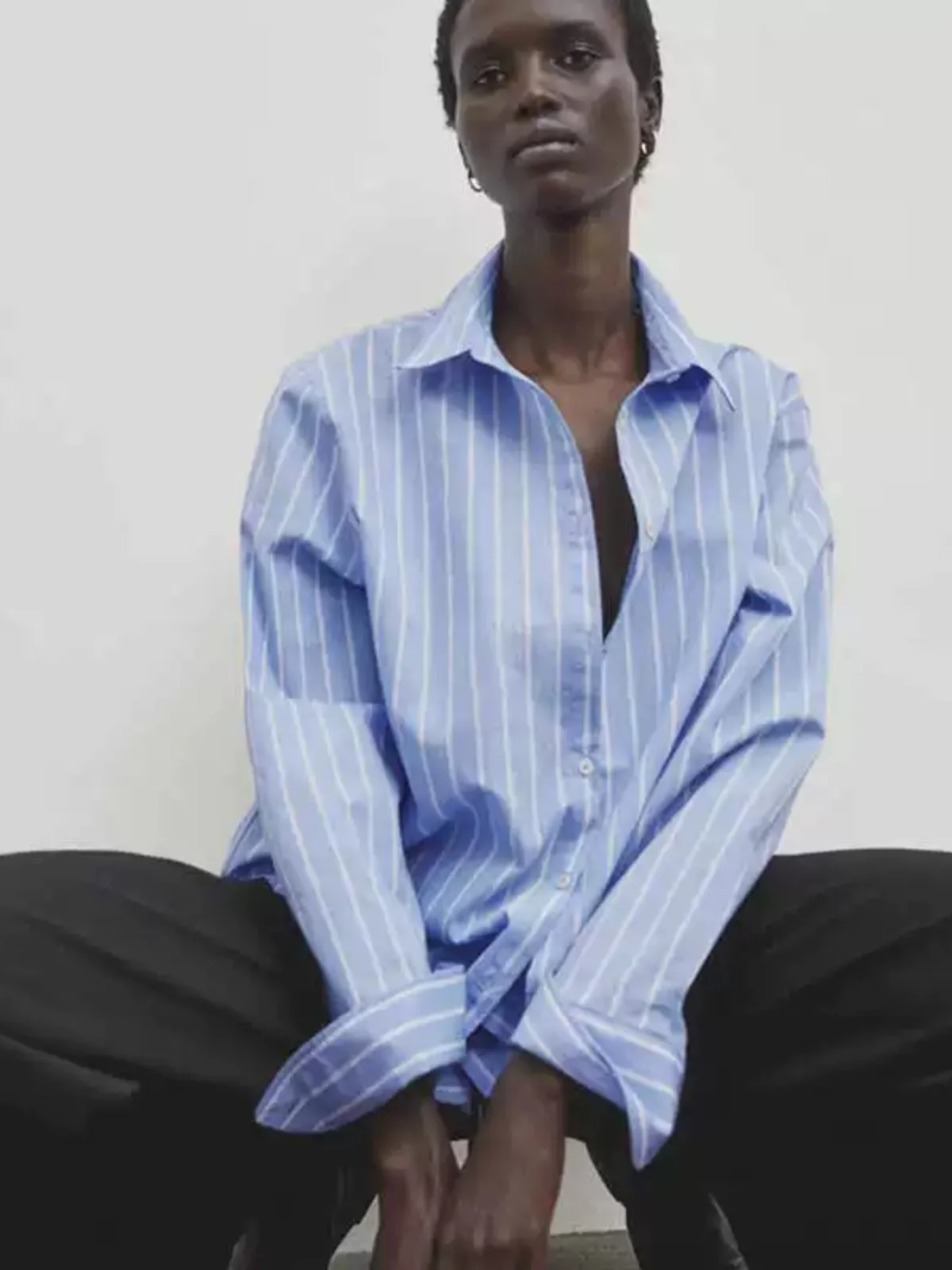 

Loose Casual Striped Blue irt Women's Spring Summer New Arrival Cotton Long Sve irt Commute French Sle Straight Tube