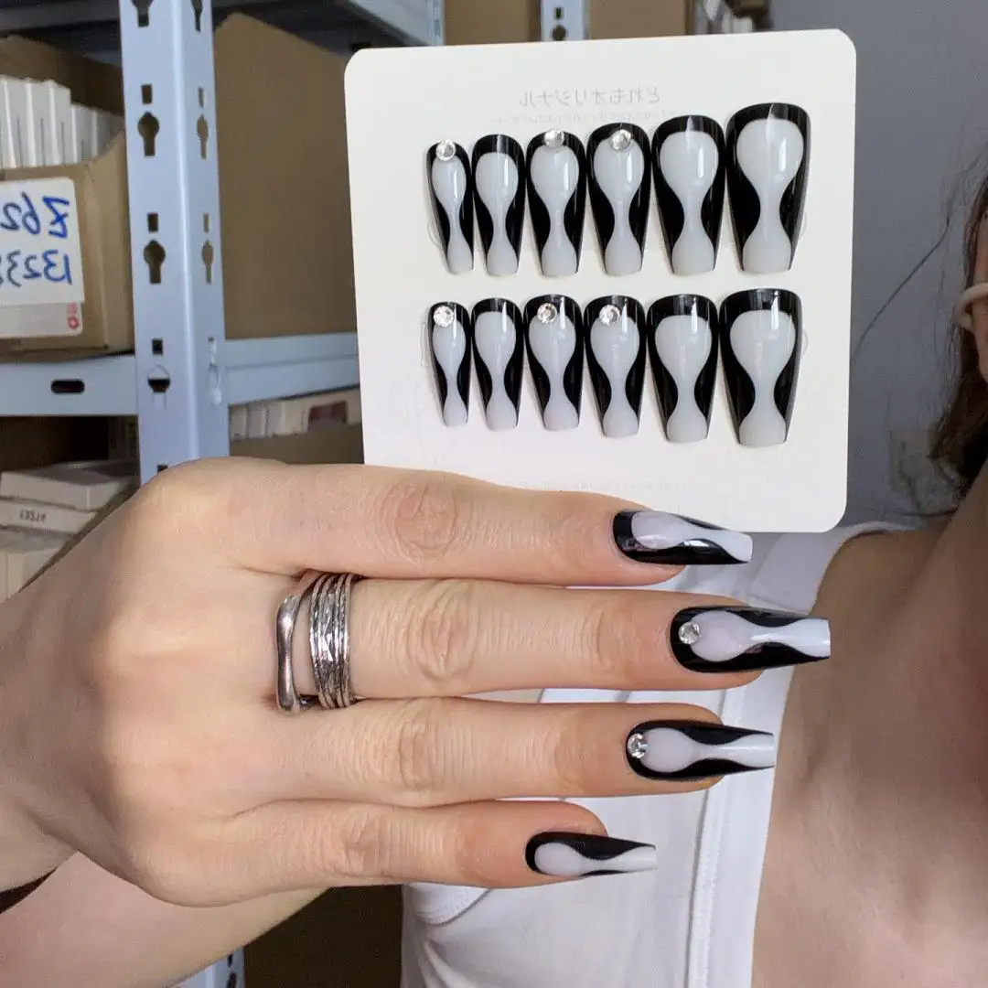 24Pcs/Box Black-Lined Rhinestone Long False Nails Euro-American Wearable French Fake Nails Art Full Cover Acrylic Press on Nail