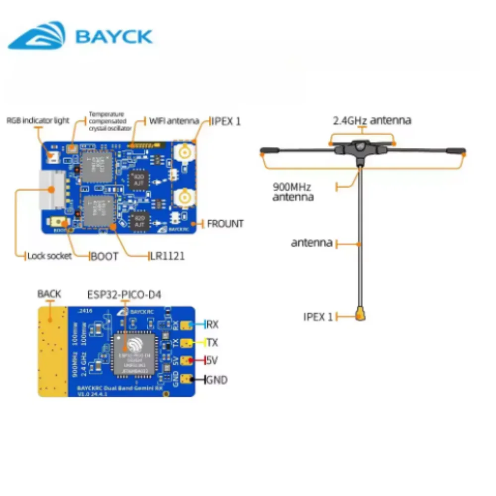 Hot New BAYCKRC 900MHz 2.4GHz 915M ELRS Dual Band Gemini Receiver ExpressLRS RX TCXO for RC FPV Racing Long Range Fixed Wing