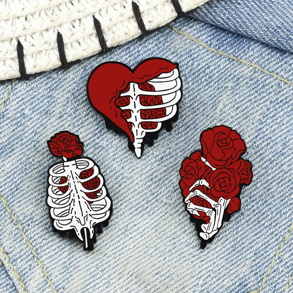 A True Love!Romantic Red Rose Enamel Pins Heart Skeleton Roses Hold on Hand Brooches Denim Lapel Badges Jewelry Gifts for Lovers