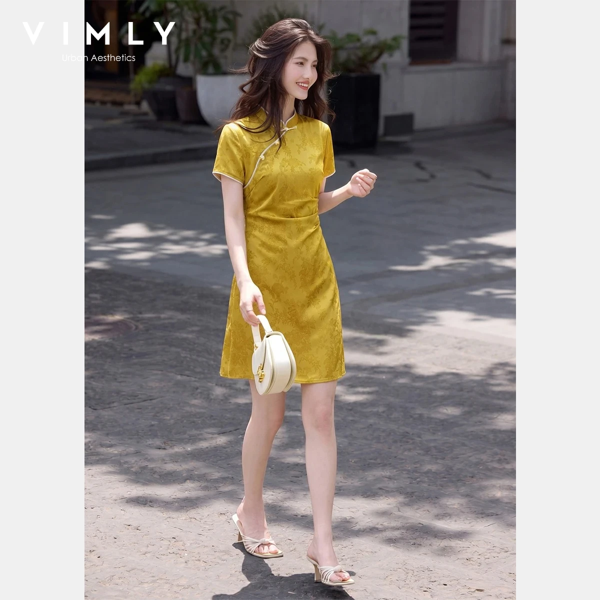 Vestidos de satén con cuello mandarín VIMLY para mujer, vestido elegante de verano con botones de rana, vestido jacquard ajustado de manga corta y corte en A, A7106