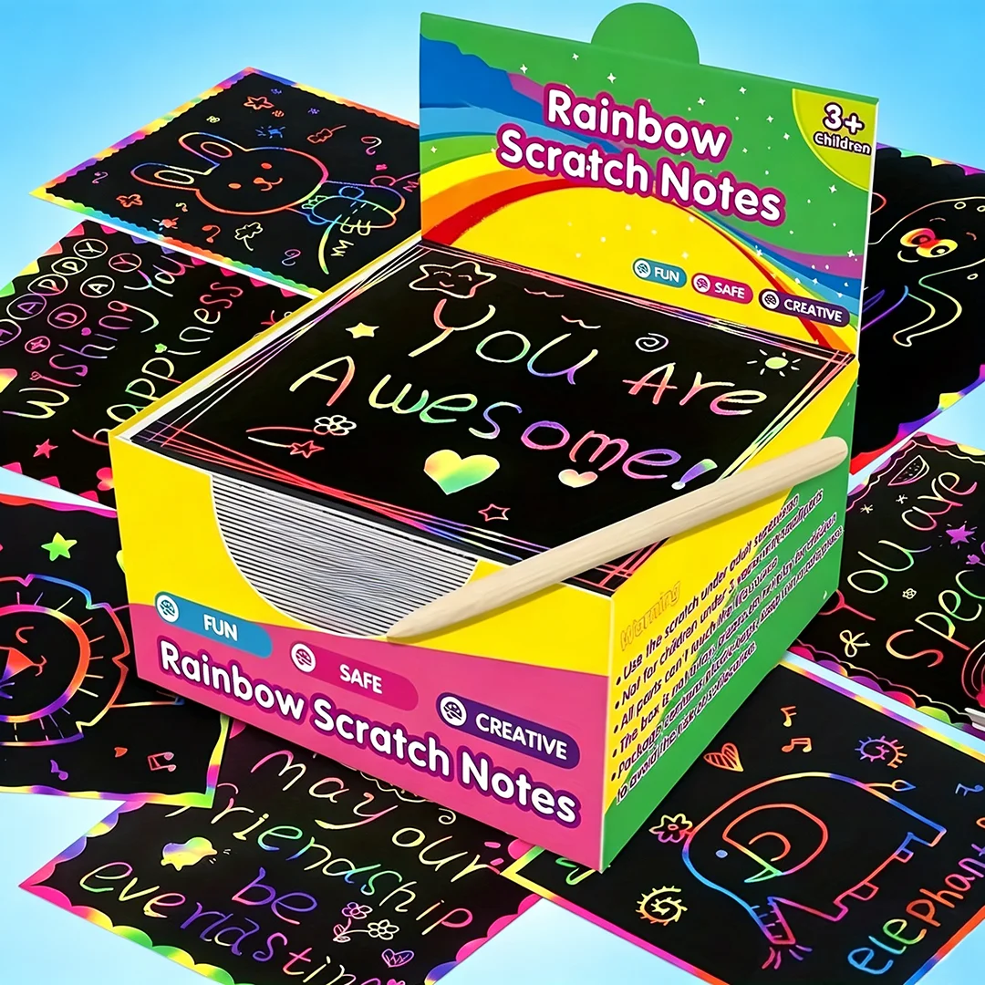 

50/100 Rainbow Scratch Art Notes - Magic Scratch Paper Note Cards Handmade DIY Party Favors Suitable for Birthday, Halloween, Christmas Stocking Stuffers, Gift Boxes, Thanksgiving, and New Year Gifts