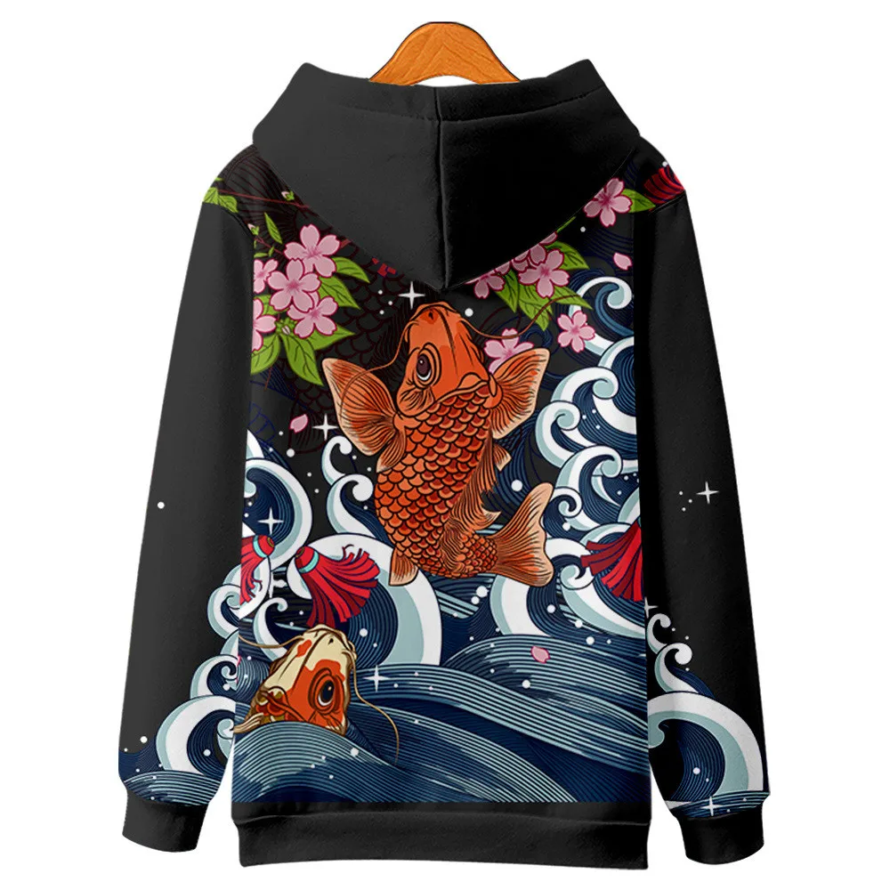 Harajuku Carp Crane Print Hoodies Sweatshirt Autumn Japanese Casual Oversized Hooded Hoodie Hip Hop Pullover Women Men Clothing