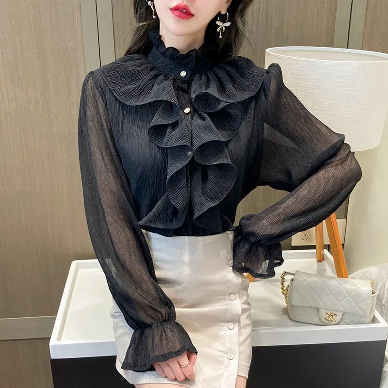 Satin Women\'s Shirts New Silk Solid Vintage Blouses Loose Spring/Summer O-Neck Ladies Clothing Long Sleeves RUFFLES Tops