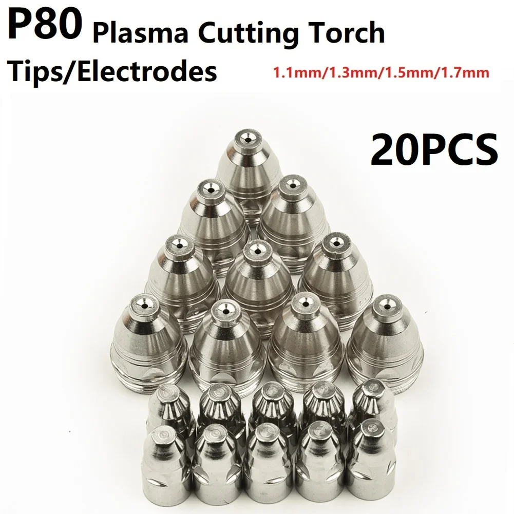 20pcs Premium 60-100A P80 Plasma Cutting Electrodes Nozzles CNC Cutter P80 Plasma Torch Consumable Tips 1.1 1.3 1.5 1.7mm