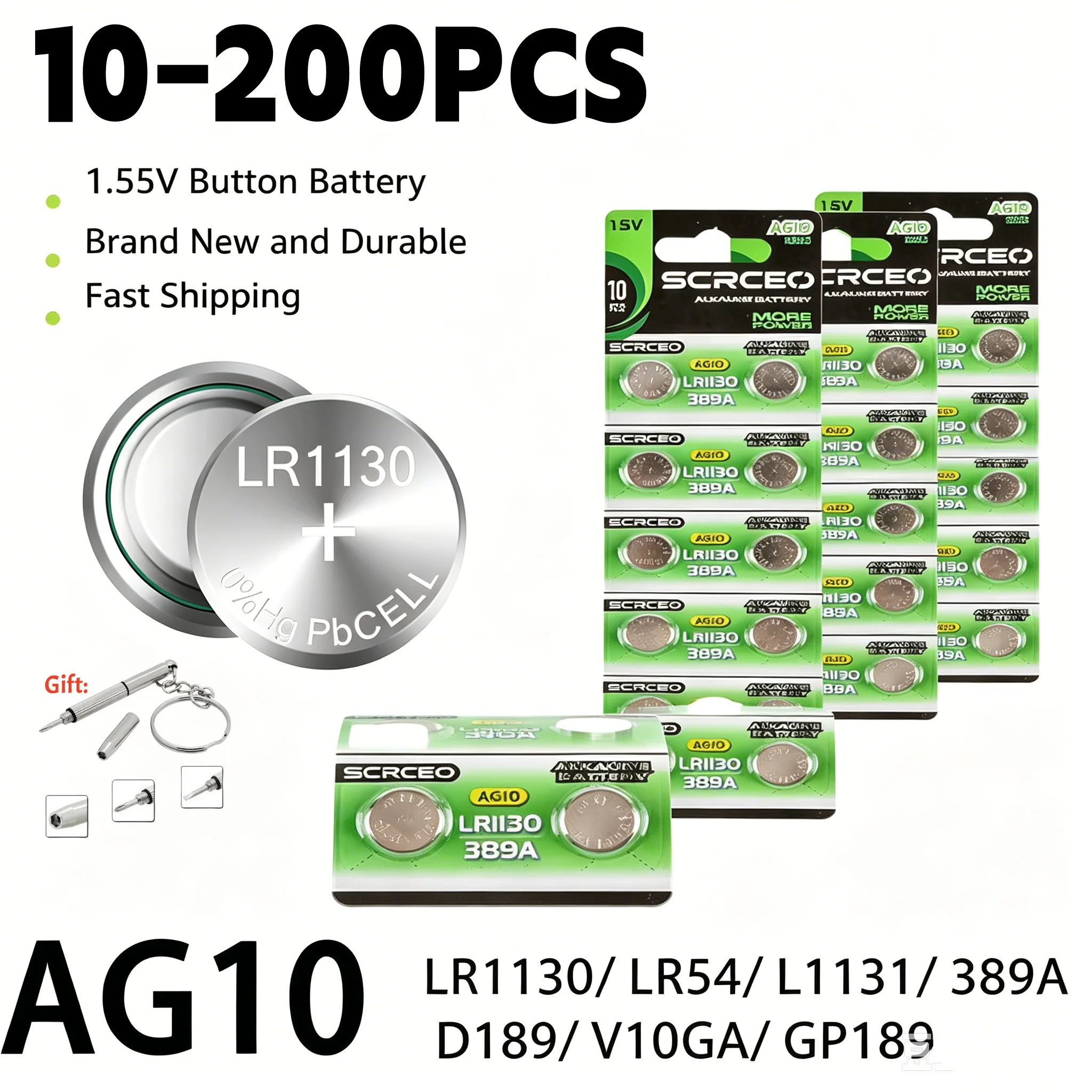 10-200PCS AG10 LR54 Cell Coin Battery SR54 389 G10189 LR1130 SR1130 1.55V 78mAh  Alkaline Button Batteries for Watch Toys Remote