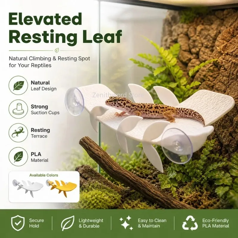 Perchoir mural pour reptiles de type feuille, avec ventouse, pour le repos en hauteur des petits lézards et geckos lors d'activités d'escalade.