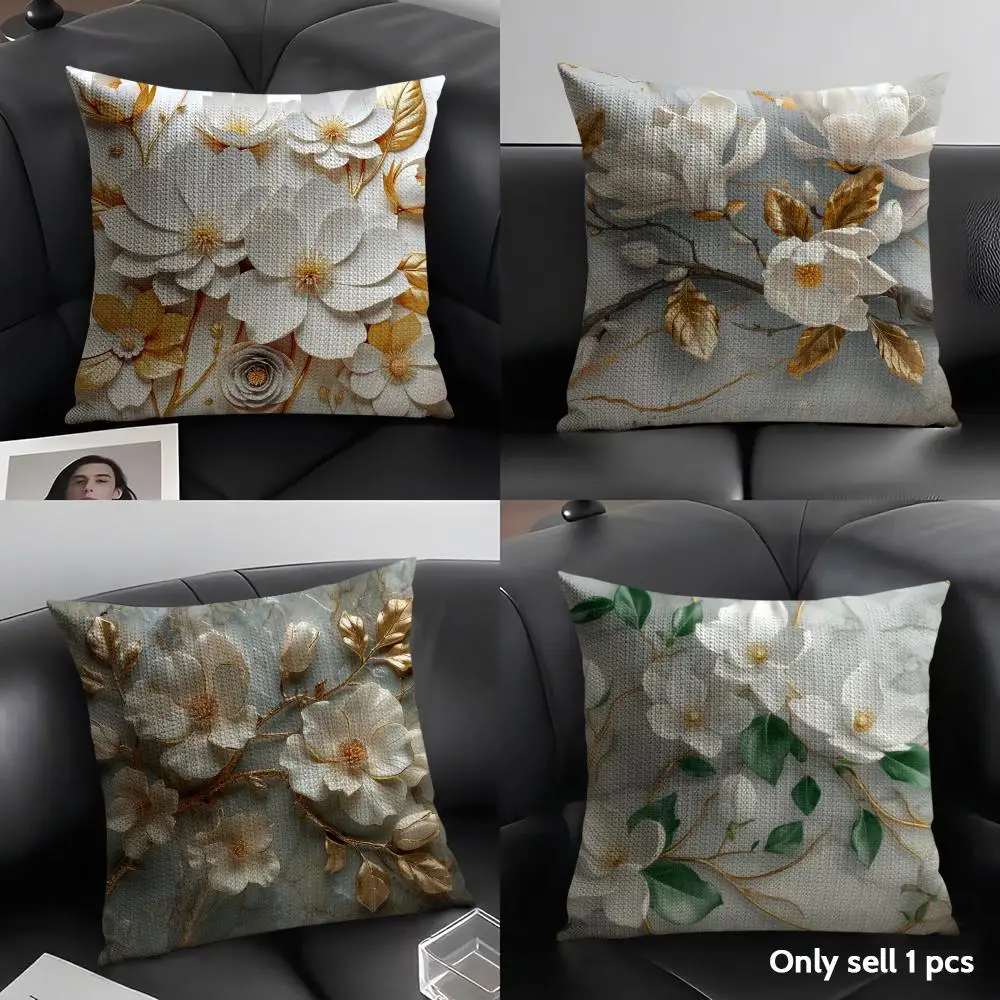 White Gold Magnolia Cushion Cover Natural Linen Pillow Case Organic Fabric Double Sided Print Sofa Home Decor Gift