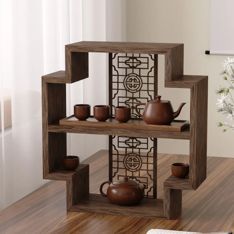 

New Chinese-style solid wood teacup rack, simple desktop storage display stand in the tea room, tea set rack, small Bogu rack