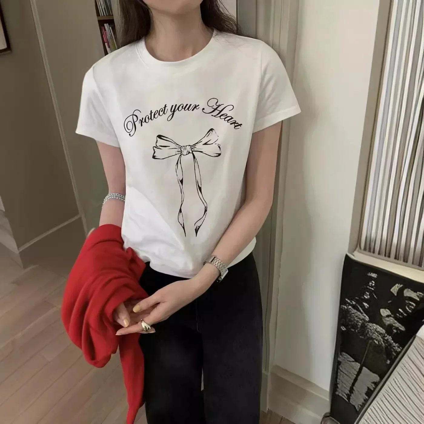 

Korean Niche! RS Brand~Minimalist Temperament Age Reducing Letter Bow Print, Casual T-shirt for Women