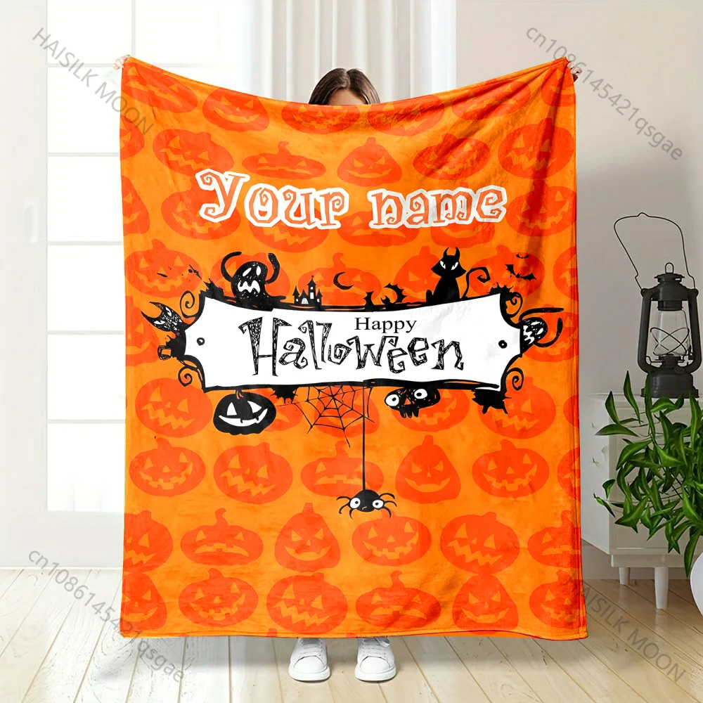 

Персонализированное одеяло с индивидуальным именем, пушистая мягкая фланель с принтом элементов Хэллоуина для домашнего дивана, путешествия, RV, праздничный подарок