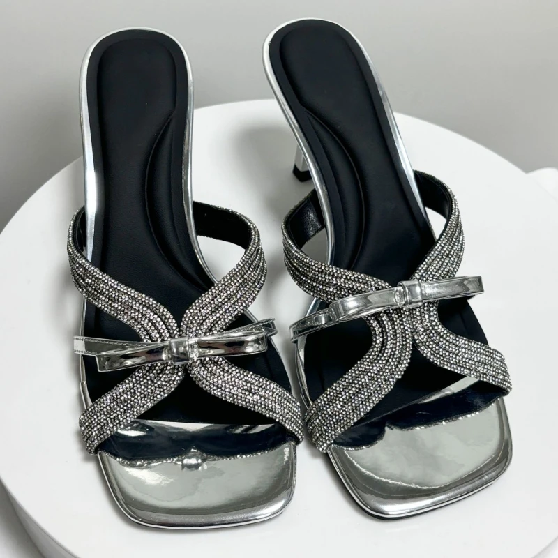 

New Summer Women's High-Heeled Sandals, Stiletto Heels, Square Toe, Half-Mount Sandals, Rhinestone High Heels, Silver Sandals