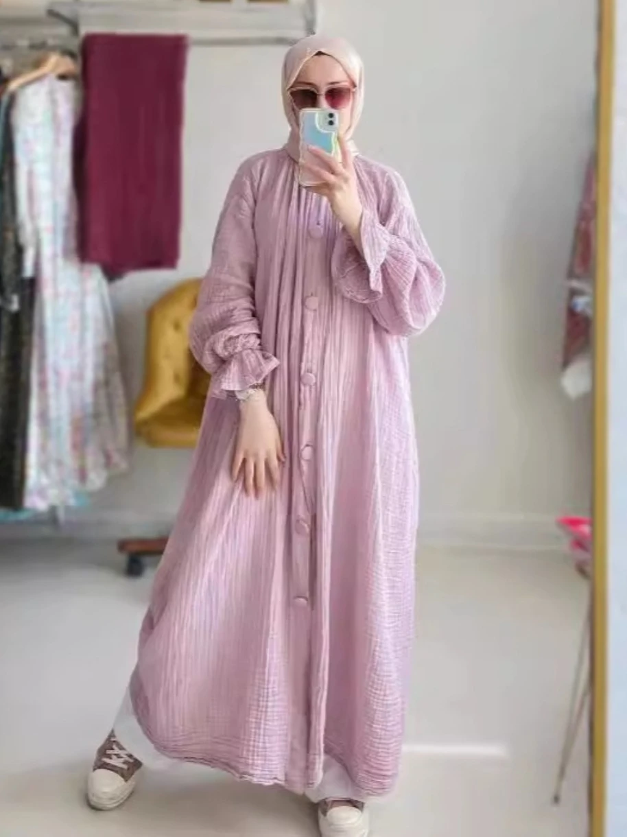 

Muslim Dress Women Cotton Open Abaya Single Breasted Cardigan Robe Ramadan Morocco Abayas Dubai Kaftan Vestidos Dresses Jalabiya