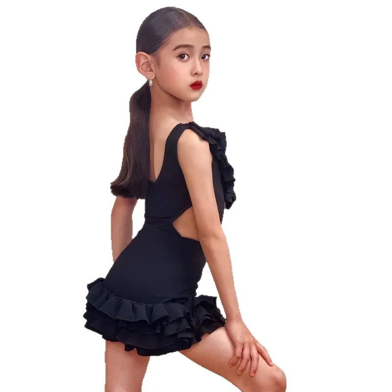 

Customized Latin Dance Suit Practice Dress Girls' Professional Competition Performance Top Black Lotus Leaf Lace Skirt Split Set