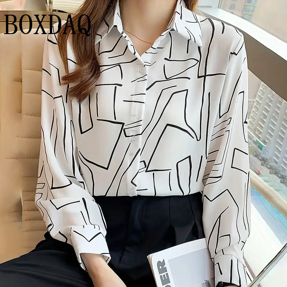 Women'S Blouses 2025 New Fashion Streetwear Graffiti Line Printed Long Sleeve Shirt Casual Button Lapel Shirt Women Elegant Tops