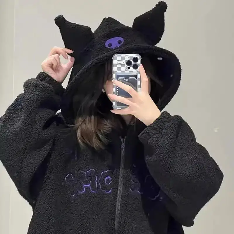 Kawaii Kuromi Cartoon Hooded Sweater Y2K Black Embroidery Sanrios Anime Autumn Winter Thicken Plush Jacket Girl Fashionable Tops