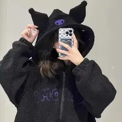 Kawaii Kuromi Cartoon Hooded Sweater Y2K Black Embroidery Sanrios Anime Autumn Winter Thicken Plush Jacket Girl Fashionable Tops